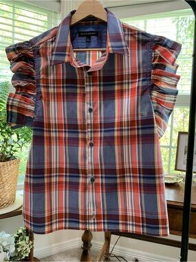 Banana Republic Plaid Ruffle-Sleeve Button Front Shirt in Red & Blue